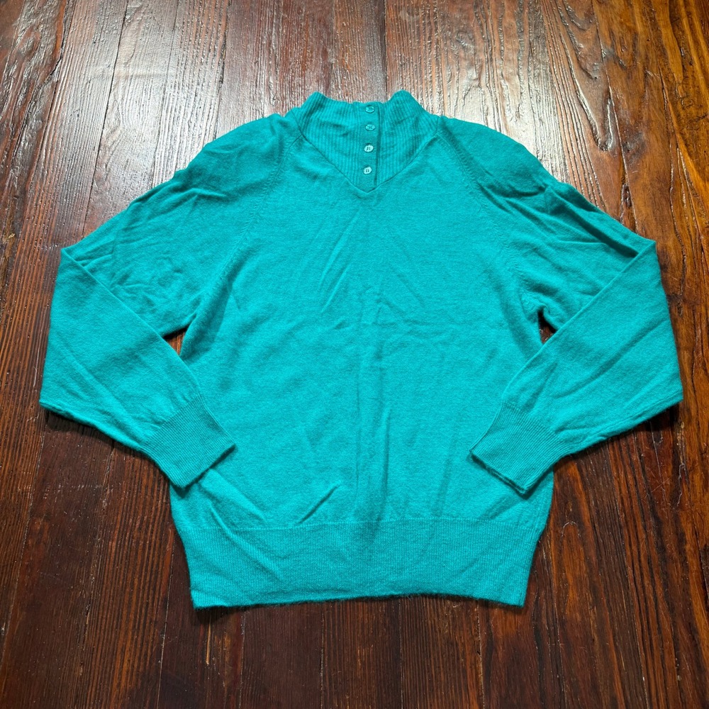 Vintage 90s Daniel Caron Sweater Women L Teal Lambswool Angora Mock Neck Henley